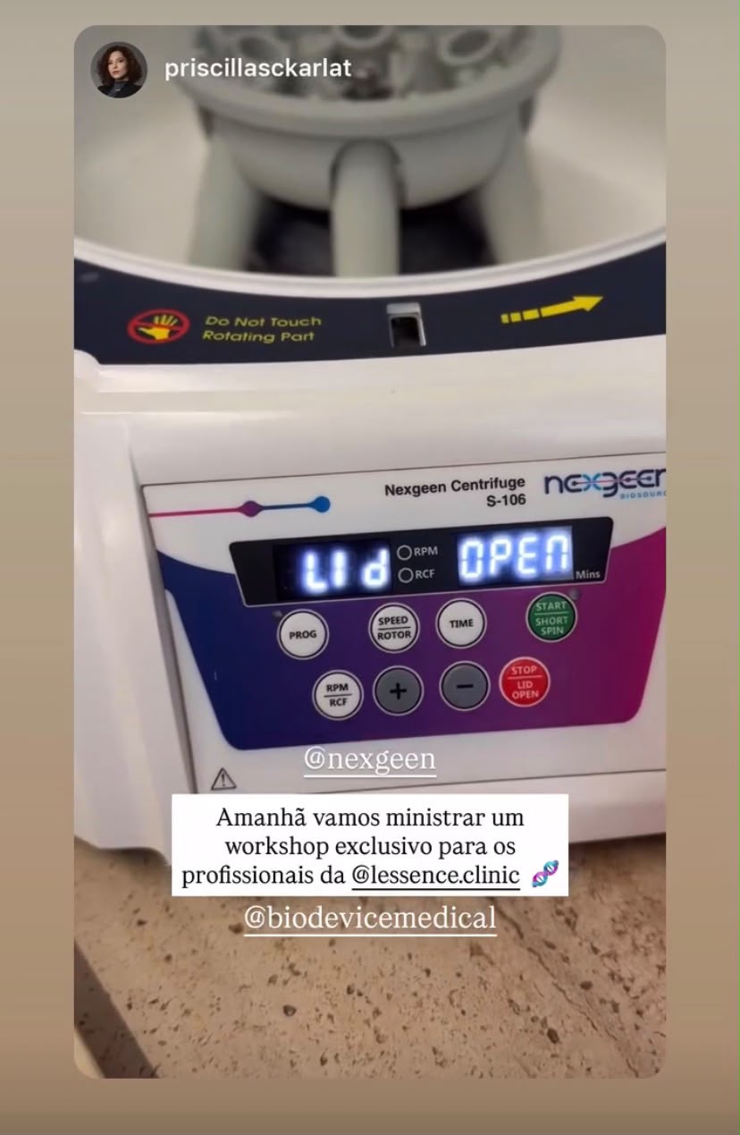 Painel da Nexgeen Centrifuge em registro de Priscilla Skarlat